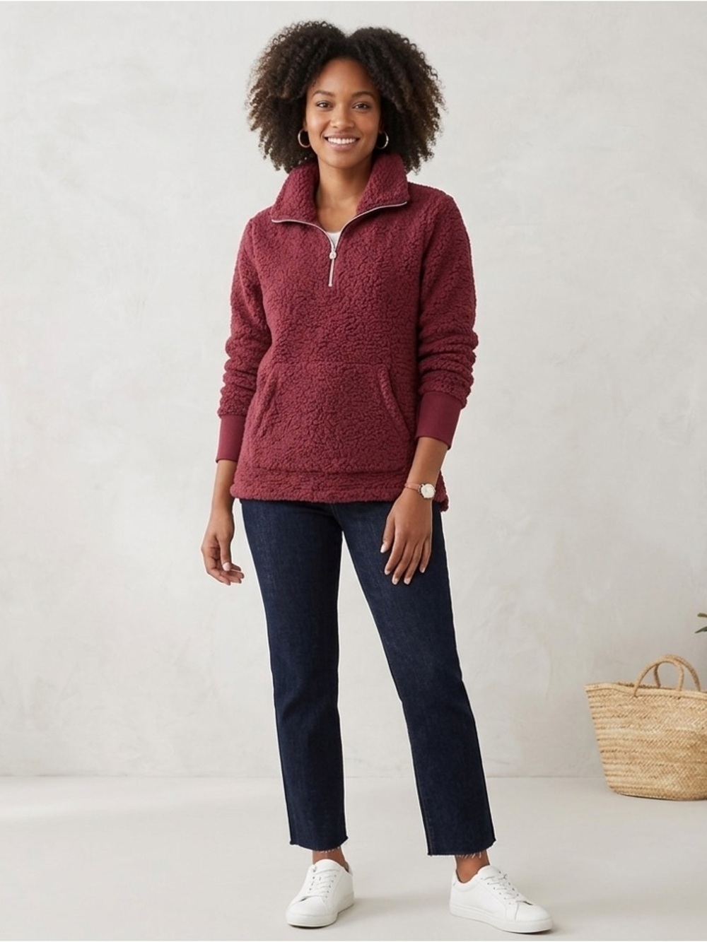 Adrienne Vittadini 1/4 Zip Up Sherpa Pullover Sweater Sweatshirt Size Large
